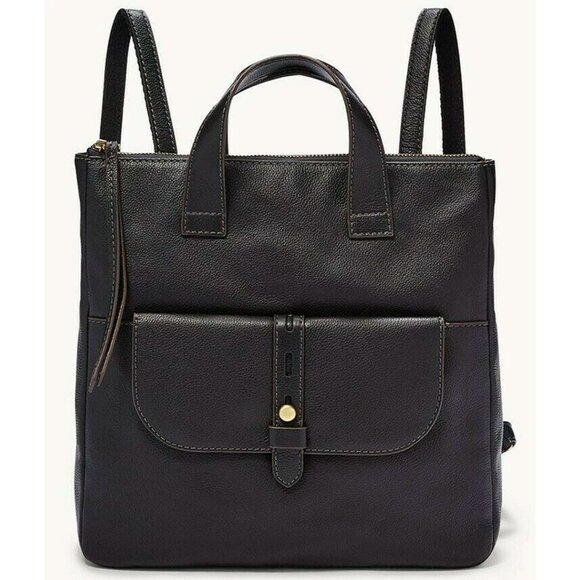 S Fossil Hunter Black Leather Backpack SHB2695001 Brass Hardware